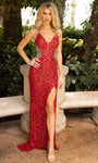 Sexy V-neck Floor Length Plunging Neck Sheath Natural Waistline Sleeveless Fitted Sequined Sheer Slit Vintage Back Zipper Wrap Sheath Dress/Prom Dress with a Brush/Sweep Train