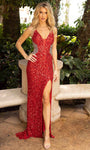 Sexy V-neck Natural Waistline Floor Length Sheath Sleeveless Plunging Neck Wrap Slit Vintage Back Zipper Sheer Fitted Sequined Sheath Dress/Prom Dress with a Brush/Sweep Train
