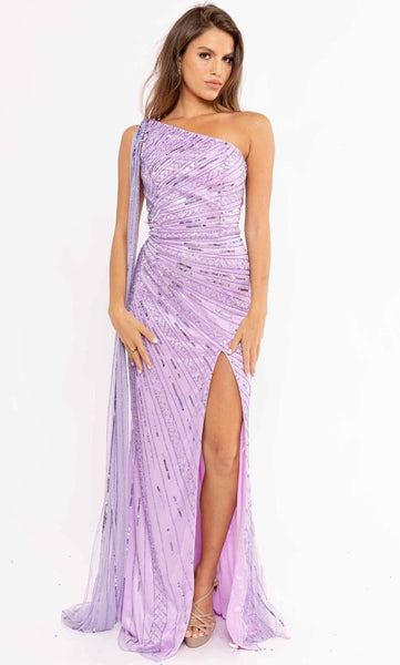 Floor Length Sheath Asymmetric Slit Back Zipper Beaded Fitted One Shoulder Sleeveless Natural Waistline General Print Sheath Dress/Evening Dress with a Brush/Sweep Train With a Sash
