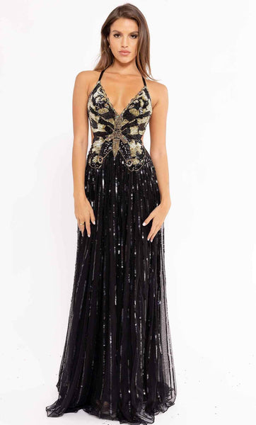 A-line V-neck Floor Length Sleeveless Spaghetti Strap Natural Waistline Beaded Sequined Cutout Back Zipper Open-Back General Print Prom Dress with a Brush/Sweep Train