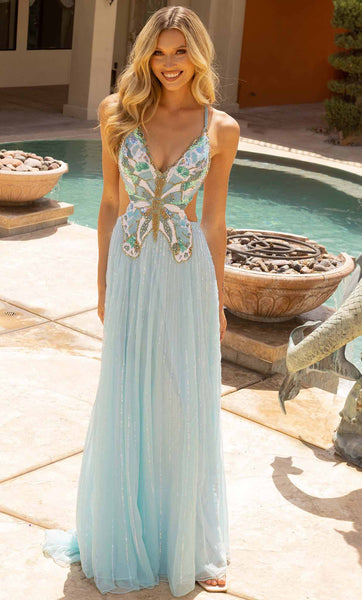 A-line V-neck General Print Natural Waistline Sleeveless Spaghetti Strap Cutout Beaded Sequined Back Zipper Open-Back Floor Length Prom Dress with a Brush/Sweep Train