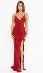 V-neck Slit Wrap Sequined Open-Back Beaded Fitted Lace-Up Back Zipper Floor Length Sheath General Print Natural Waistline Spaghetti Strap Sheath Dress/Prom Dress with a Brush/Sweep Train