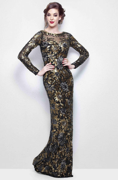 Tall Slit Fitted Crystal Sequined Back Zipper Mesh Illusion Beaded Natural Waistline Long Sleeves Bateau Neck Floor Length Sheath Metallic Floral Print Sheath Dress/Evening Dress with a Brush/Sweep Tr