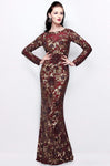 Tall Sheath Metallic Floral Print Bateau Neck Long Sleeves Floor Length Illusion Beaded Back Zipper Sequined Crystal Fitted Mesh Slit Natural Waistline Sheath Dress/Evening Dress with a Brush/Sweep Tr