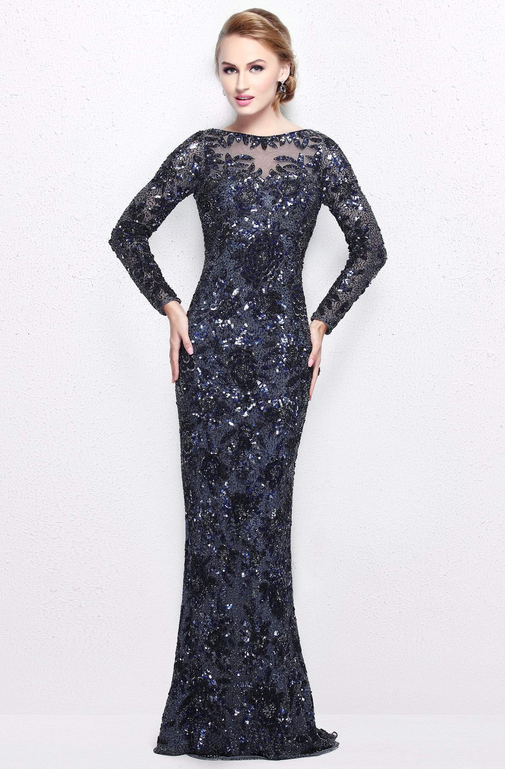 Primavera Couture - Long Sleeve Luxurious Floral Sequined Long Sheath Gown 1401
