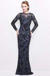 Tall Beaded Crystal Fitted Back Zipper Slit Mesh Sequined Illusion Long Sleeves Floor Length Sheath Natural Waistline Floral Print Metallic Bateau Neck Sheath Dress/Evening Dress with a Brush/Sweep Tr