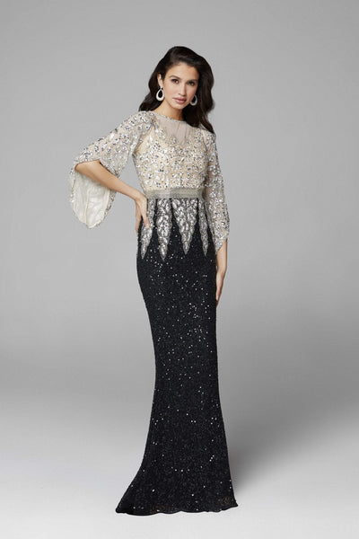 Two-Toned Print Sheer Illusion Sequined Back Zipper Sheath Batwing Sleeves Natural Waistline Bateau Neck Sheath Dress/Evening Dress