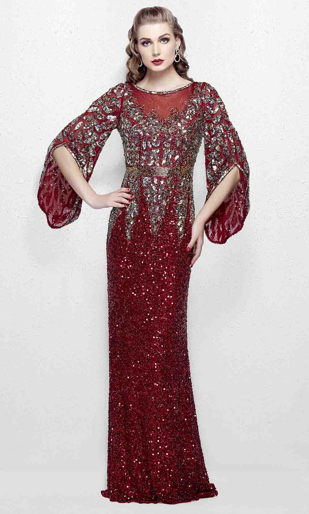 Primavera Couture - Stunning Two-Tone Sequin Embellished Long Gown with Batwing Sleeves 1424
