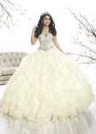 Strapless Beaded Lace-Up Crystal Tulle Sweetheart Basque Corset Waistline Fall Quinceanera Dress With Ruffles
