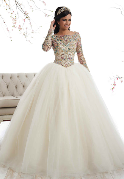Bateau Neck Tulle Fitted Glittering Open-Back Beaded Pleated Long Sleeves Basque Corset Waistline Floor Length Ball Gown Quinceanera Dress with a Brush/Sweep Train