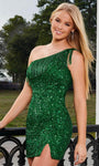 One Shoulder Sleeveless Natural Waistline Sheath Slit Sequined Asymmetric Beaded Open-Back Cocktail Short Tulle Sheath Dress