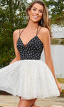 A-line V-neck Cocktail Short Sleeveless Spaghetti Strap Back Zipper Sequined Gathered Open-Back Sheer Glittering Beaded Natural Waistline Tulle Geometric Print Party Dress