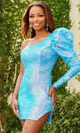 Cocktail Above the Knee Fitted Slit Sequined Asymmetric Beaded Natural Waistline Sheath Long Puff Sleeves Sleeves One Shoulder Sheath Dress
