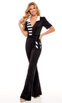 V-neck Striped Print Natural Tie Waist Waistline Wrap Draped Fitted Back Zipper Short Sleeves Sleeves Collared Jumpsuit