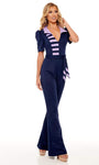V-neck Striped Print Collared Short Sleeves Sleeves Back Zipper Draped Wrap Fitted Natural Tie Waist Waistline Jumpsuit