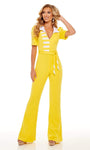 V-neck Short Sleeves Sleeves Draped Fitted Wrap Back Zipper Collared Natural Tie Waist Waistline Striped Print Jumpsuit