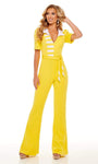 V-neck Striped Print Short Sleeves Sleeves Natural Tie Waist Waistline Fitted Draped Wrap Back Zipper Collared Jumpsuit