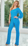 Beaded Sequined Side Zipper Asymmetric One Shoulder Natural Waistline Tulle Jumpsuit