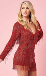 V-neck Natural Waistline Short Plunging Neck Beaded Sheer Open-Back Sequined V Back Lace-Up Fitted Long Sleeves Romper