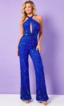 Sleeveless Natural Waistline Cutout Beaded Fitted Backless Back Zipper Tulle Halter Jumpsuit