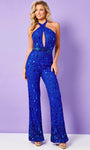 Halter Tulle Back Zipper Fitted Cutout Beaded Backless Sleeveless Natural Waistline Jumpsuit