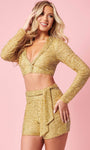 V-neck Short Fitted Beaded Tulle Natural Tie Waist Waistline Long Sleeves Party Dress/Romper