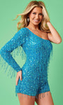 Cocktail Short Natural Waistline Long Sleeves One Shoulder Asymmetric Sequined Beaded Fitted Back Zipper Tulle Romper