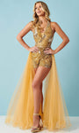 V-neck Floor Length Short Sleeveless Tulle Natural Waistline Halter Plunging Neck Backless Sheer Fitted Sequined Beaded Romper