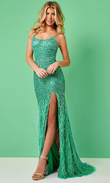 Scoop Neck Natural Waistline Spaghetti Strap Tulle Sheath Fitted Slit Sequined Beaded Lace-Up Sheath Dress/Prom Dress with a Brush/Sweep Train