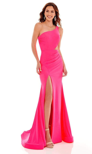 One Shoulder Sleeveless Mermaid Cutout Ruched Back Zipper Open-Back Slit Asymmetric Natural Waistline Dress with a Brush/Sweep Train