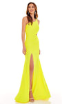 One Shoulder Sleeveless Mermaid Asymmetric Open-Back Back Zipper Cutout Ruched Slit Natural Waistline Dress with a Brush/Sweep Train