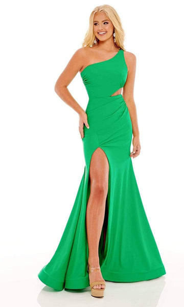 Natural Waistline Open-Back Slit Cutout Ruched Back Zipper Asymmetric One Shoulder Sleeveless Mermaid Dress with a Brush/Sweep Train