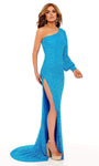 Natural Waistline Fall Bishop Sleeves One Shoulder Sequined Beaded Fitted Asymmetric Slit Open-Back Tulle Sheath Sheath Dress with a Brush/Sweep Train