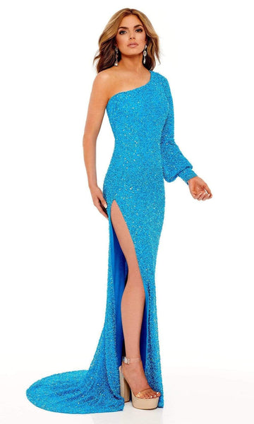 Bishop Sleeves One Shoulder Sheath Natural Waistline Fall Beaded Sequined Asymmetric Open-Back Fitted Slit Tulle Sheath Dress with a Brush/Sweep Train