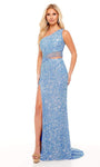 Sheath Natural Waistline Beaded Asymmetric Sequined Slit Cutout Tulle One Shoulder Sheath Dress with a Brush/Sweep Train