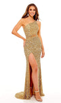 One Shoulder Tulle Natural Waistline Sheath Asymmetric Sequined Cutout Slit Beaded Sheath Dress with a Brush/Sweep Train