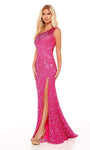 One Shoulder Natural Waistline Sequined Beaded Slit Asymmetric Tulle Sheath Frill Trim Sheath Dress with a Brush/Sweep Train