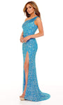 Slit Asymmetric Sequined Beaded Frill Trim One Shoulder Sheath Natural Waistline Tulle Sheath Dress with a Brush/Sweep Train