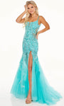 Mermaid Applique Slit Wrap Sheer Open-Back Illusion Beaded Spaghetti Strap Natural Waistline Scoop Neck Prom Dress with a Brush/Sweep Train
