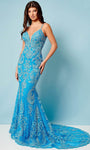 V-neck Mermaid Lace Spaghetti Strap Plunging Neck Natural Waistline Applique Illusion Mesh Glittering Open-Back Beaded Prom Dress with a Brush/Sweep Train