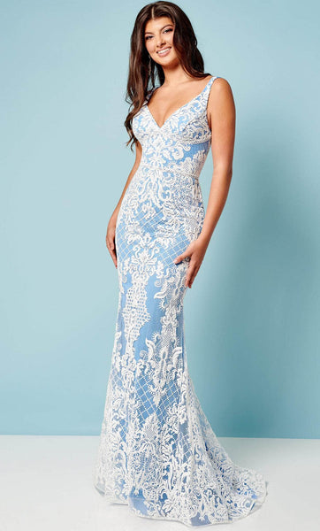 V-neck Natural Waistline Mermaid Spaghetti Strap Fitted Glittering Beaded Illusion Prom Dress with a Brush/Sweep Train