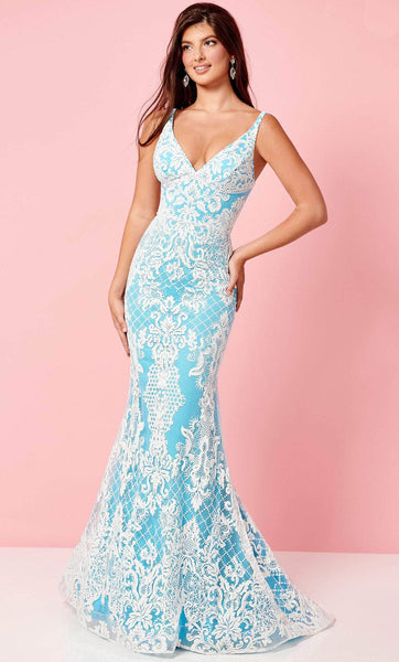 V-neck Glittering Beaded Illusion Fitted Mermaid Natural Waistline Spaghetti Strap Prom Dress with a Brush/Sweep Train