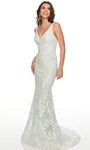 V-neck Spaghetti Strap Mermaid Illusion Fitted Glittering Beaded Natural Waistline Prom Dress with a Brush/Sweep Train