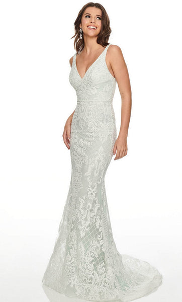 V-neck Glittering Fitted Illusion Beaded Mermaid Natural Waistline Spaghetti Strap Prom Dress with a Brush/Sweep Train