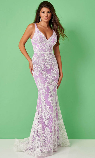 V-neck Mermaid Beaded Fitted Illusion Glittering Spaghetti Strap Natural Waistline Prom Dress with a Brush/Sweep Train