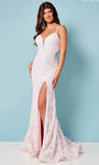 Sexy V-neck Lace-Up Slit Illusion Sequined Mermaid Corset Natural Waistline Spaghetti Strap Prom Dress with a Brush/Sweep Train