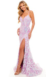 Sexy V-neck Spaghetti Strap Lace-Up Slit Illusion Sequined Mermaid Corset Natural Waistline Prom Dress with a Brush/Sweep Train