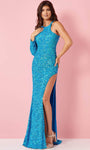 Sexy Jeweled Neck Sheath Long Sleeves Slit Beaded Asymmetric Sequined Natural Waistline Tulle Sheath Dress/Prom Dress with a Brush/Sweep Train