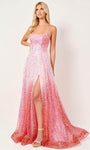 A-line Strapless Straight Neck Floor Length Natural Waistline Back Zipper Slit Sequined Beaded Open-Back Tulle Prom Dress with a Brush/Sweep Train