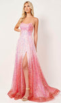 A-line Strapless Straight Neck Floor Length Natural Waistline Sequined Slit Open-Back Beaded Back Zipper Tulle Prom Dress with a Brush/Sweep Train